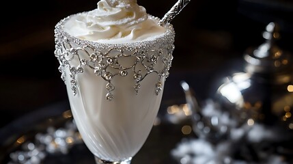 A milkshake with silver filigree detailing and sugar crystal embellishments