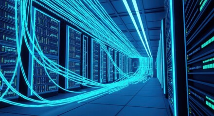 Data center with glowing blue cables connecting servers, futuristic design