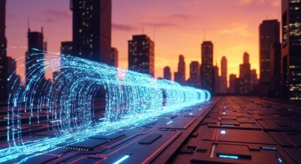 Digital data stream flowing through a futuristic city at sunset, hinting at connectivity