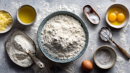 Baking ingredients arranged artistically for homemade desserts and fresh pastries, ready for your delicious recipes and culinary creations