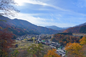 黄色く色づき始めた木々と眼前に広がる合掌造りの集落と背景の山と青空
