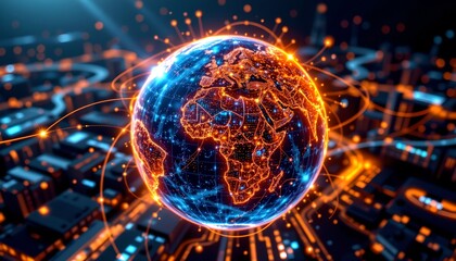 Obraz premium A visually stunning digital representation of the Earth, pulsating with energy and interconnected networks.