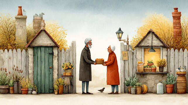 Elderly couple shares baked goods in charming autumnal village scene, evoking warmth and community spirit.