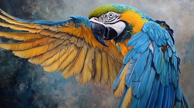 Vibrant blue-and-yellow macaw perched on tropical branch with exotic jungle background