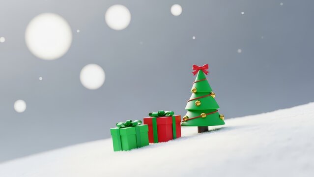 Miniature green christmas tree and wrapped gift boxes sitting on a snowy hill with large snowflakes falling in the background - Powered by Adobe