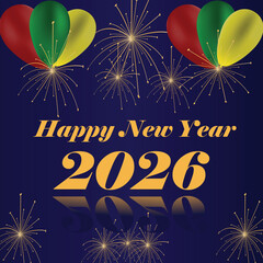 Happy New Year 2026 With Balloons, Fireworks, And Golden Text In A Festive Night Design
