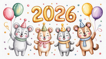 Four cheerful cartoon mice celebrating the new year 2026 with balloons and confetti