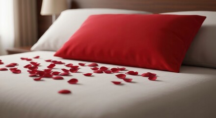 A close-up of a bed with red pillow, scattered rose petals, and a bedside lamp