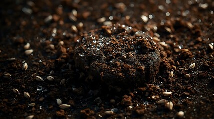 Close-up of wet dark soil lump with seeds and shimmering water droplets