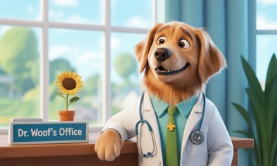 Animated golden retriever doctor in a sunny office
