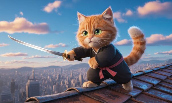 Animated ginger cat, samurai pose, katana, city skyline