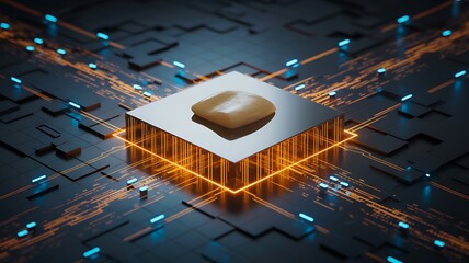 Futuristic microchip with glowing digital connections
