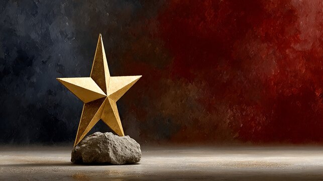 Golden star trophy triumphantly displayed on rugged stone, symbolizing achievement and excellence in a dramatic, artistic setting.