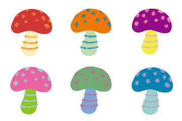 カラフルなキノコのイラスト　ベニテングタケのイメージ　クリップアート　挿絵　png　セット