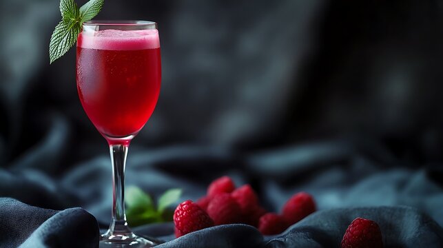 A minimalist designed glass of raspberry soda on monochrome linen background