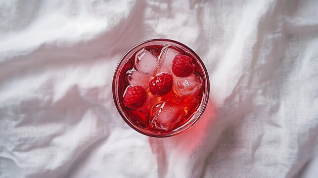 A minimalist designed glass of raspberry soda on monochrome linen background