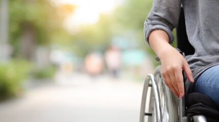 Obraz premium Woman in wheelchair navigating a sunny outdoor path, showcasing resilience and determination in a vibrant, supportive environment