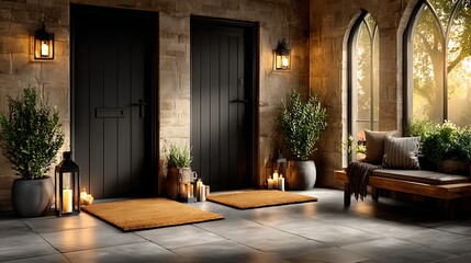 Elegant entryway with warm lantern light, cozy seating area, and inviting stone facade, perfect for creating a welcoming atmosphere.