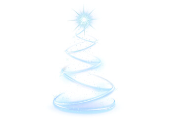 Blue Christmas Tree LED Neon Glow on Transparent Background with Shimmering Spiral Lights and Sparkling Festive Effect