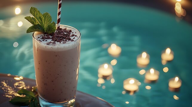 A mint chocolate milkshake placed by a pool with floating tealight candles