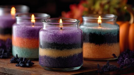 Set the mood with vibrant Halloween themed candles flickering softly in glass jars ready for a spooky celebration or relaxing autumn night