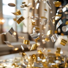 Gold and silver confetti falling with blurred background for celebration