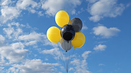 Vibrant yellow and sleek black balloons soaring against a breathtaking blue sky filled with fluffy white clouds, creating a cheerful atmosphere