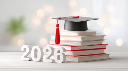 Graduation cap with red tassel resting atop a stack of books, symbolizing academic achievement and future aspirations in a bright setting