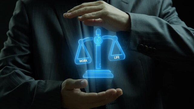 Businessman shows animated neon scale icon perfectly balancing "WORK" and "LIFE" under a "BALANCE" title. Represents harmony, employee well-being, and mental health in modern business.