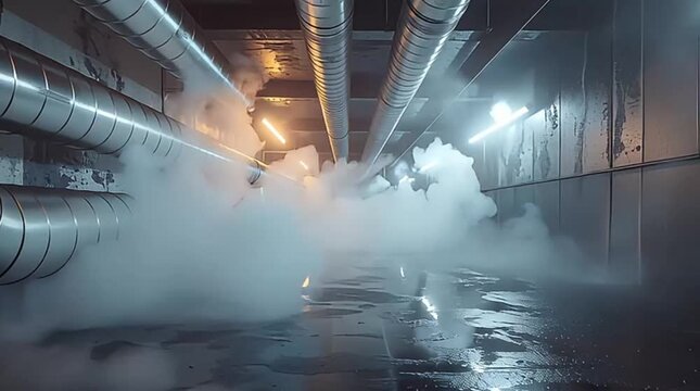 An atmospheric shot of shiny metallic industrial pipes in a dark concrete underground passage, dramatically illuminated by warm and cool lights with thick smoke on a wet, reflective floor.