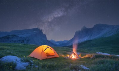 Camping under a starlit night sky.  Mountains, tent, campfire