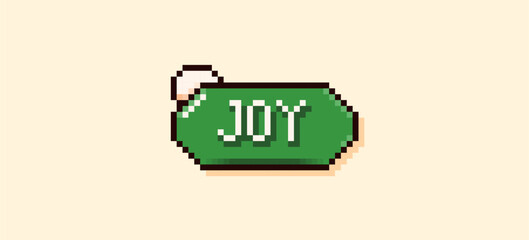 Green pixel art Holiday speech bubble with Joy word and snow pile.