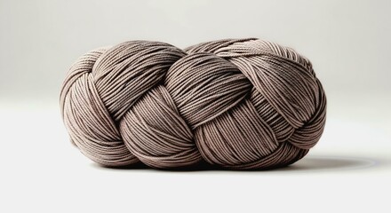 Braided Yarn Ball in Taupe Tones on White Background, Close-Up