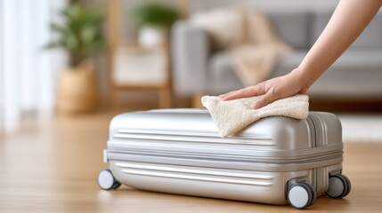 Person cleaning a silver suitcase with a cloth in a cozy home interior, showcasing a tidy living space and attention to detail