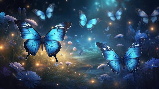 Seamless looping video background. Magical blue butterflies flying in glowing meadow