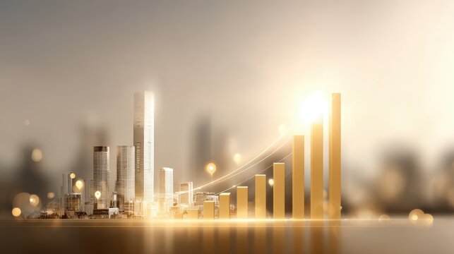 Conceptual illustration of real estate growth in a modern city with skyscrapers and upward trends, symbolizing economic development and prosperity