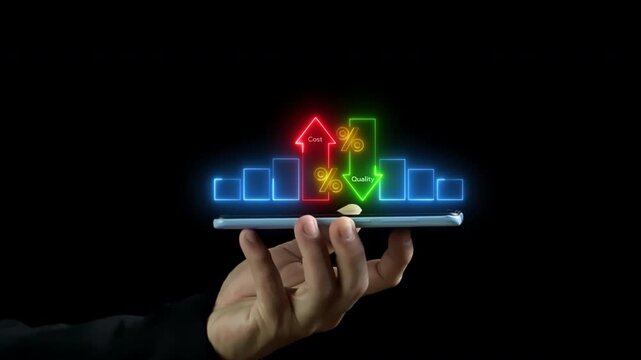 Businessman shows animated neon diagram showing a business trade-off. "Cost" is linked to a red upward arrow, and "Quality" is linked to a green downward arrow.