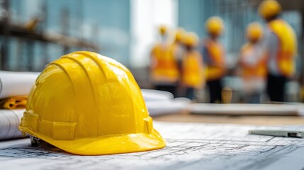 Construction blueprint review with vibrant yellow hardhat ensuring safety on modern construction site development project with dedicated crew