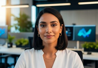 Confident South Asian Businesswoman in Modern Office With Data Screens, Corporate Leadership Portrait