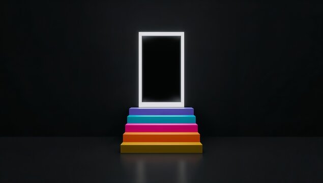 Vibrant rainbow steps leading to a glowing doorway — journey and transformation