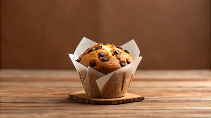 Delicious homemade chocolate chip muffin baked in a tulip paper liner sitting on a wooden coaster on a rustic table