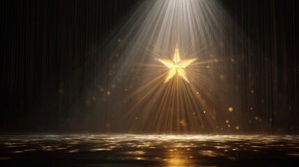 Shining star with warm golden light on dark stage creates a magical and captivating backdrop for celebrations and special events
