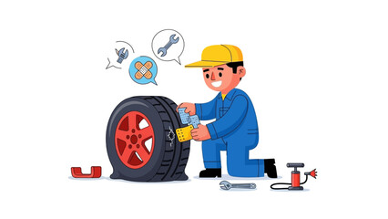 Friendly auto mechanic efficiently repairing a flat car tire, utilizing essential tools for roadside assistance and professional vehicle maintenance service