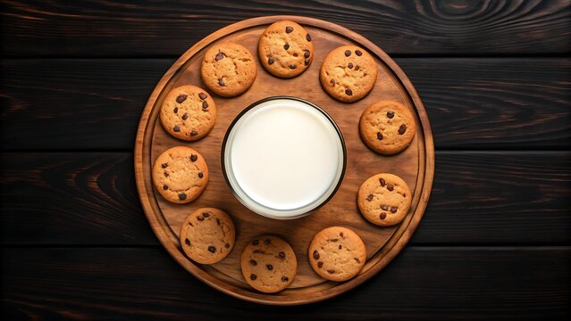 Top view of chocolate chip cookies arranged in a circle around a glass of milk on a dark wooden table