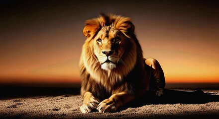 Majestic Lion Portrait: Golden Mane Against a Dusky Horizon
