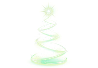 Green Christmas Tree LED Neon Glow on Transparent Background with Shimmering Spiral Lights and Sparkling Festive Effect