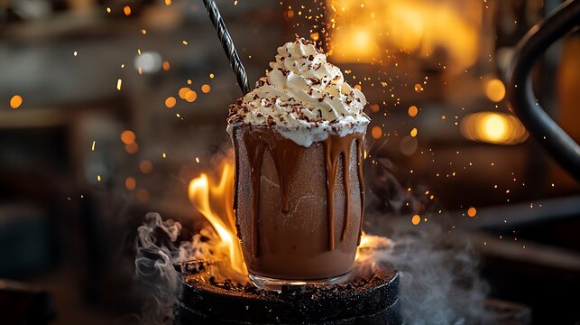 A molten chocolate milkshake with whipped cream in a blacksmith's fiery forge