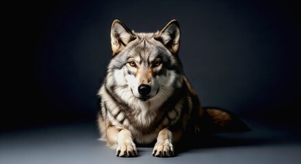 Majestic wolf with amber eyes resting against a dark, neutral ba