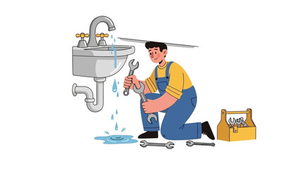 Skilled plumber repairs leaking sink with tools, illustration of home maintenance service