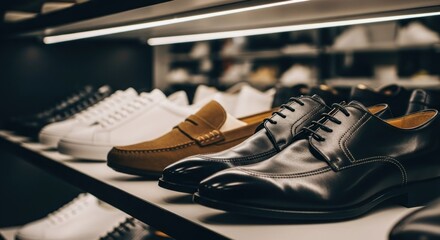Classic mens leather dress shoes and casual footwear on a modern store display shelf.